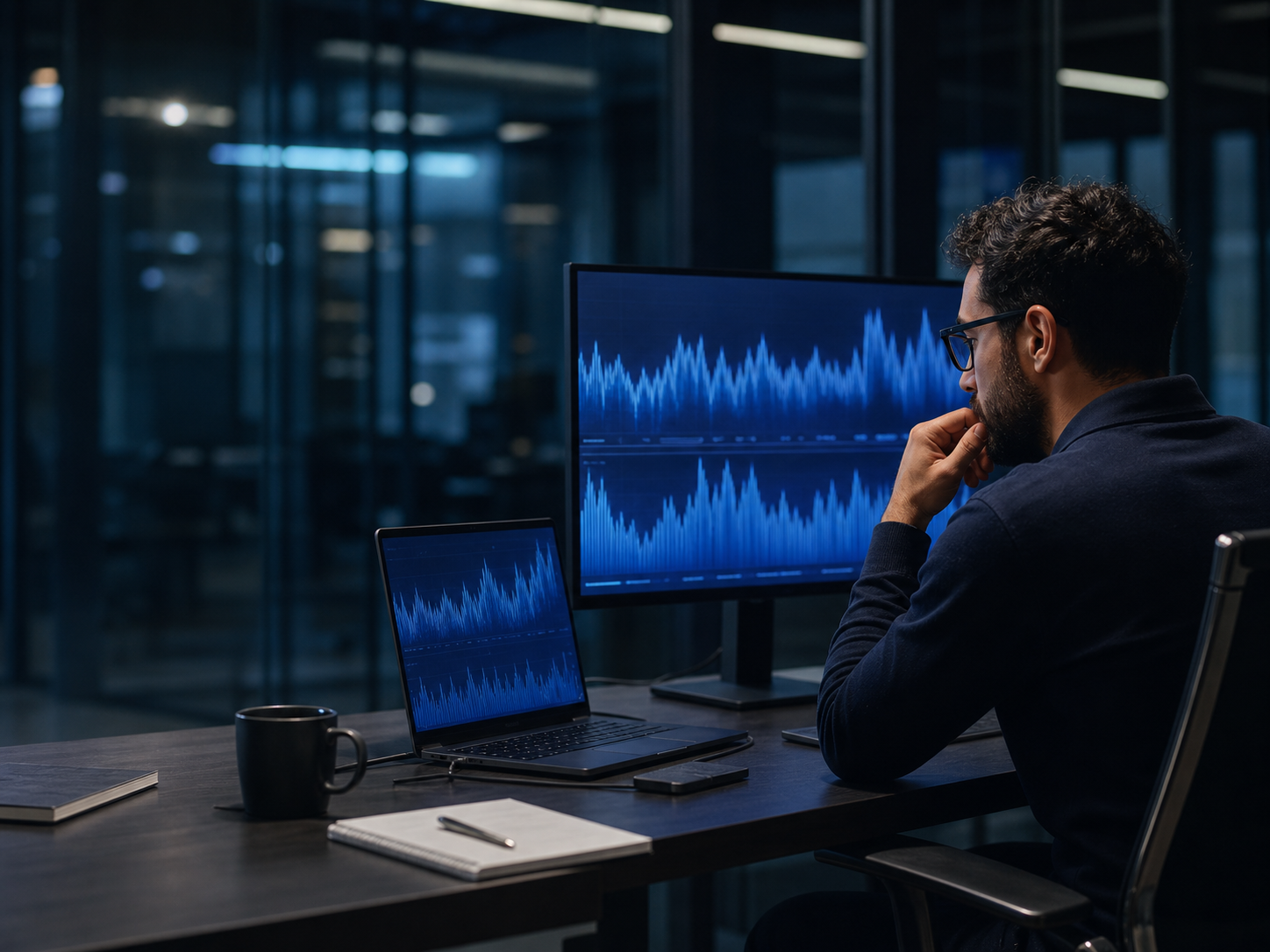 Financial risk analyst reviewing transaction patterns